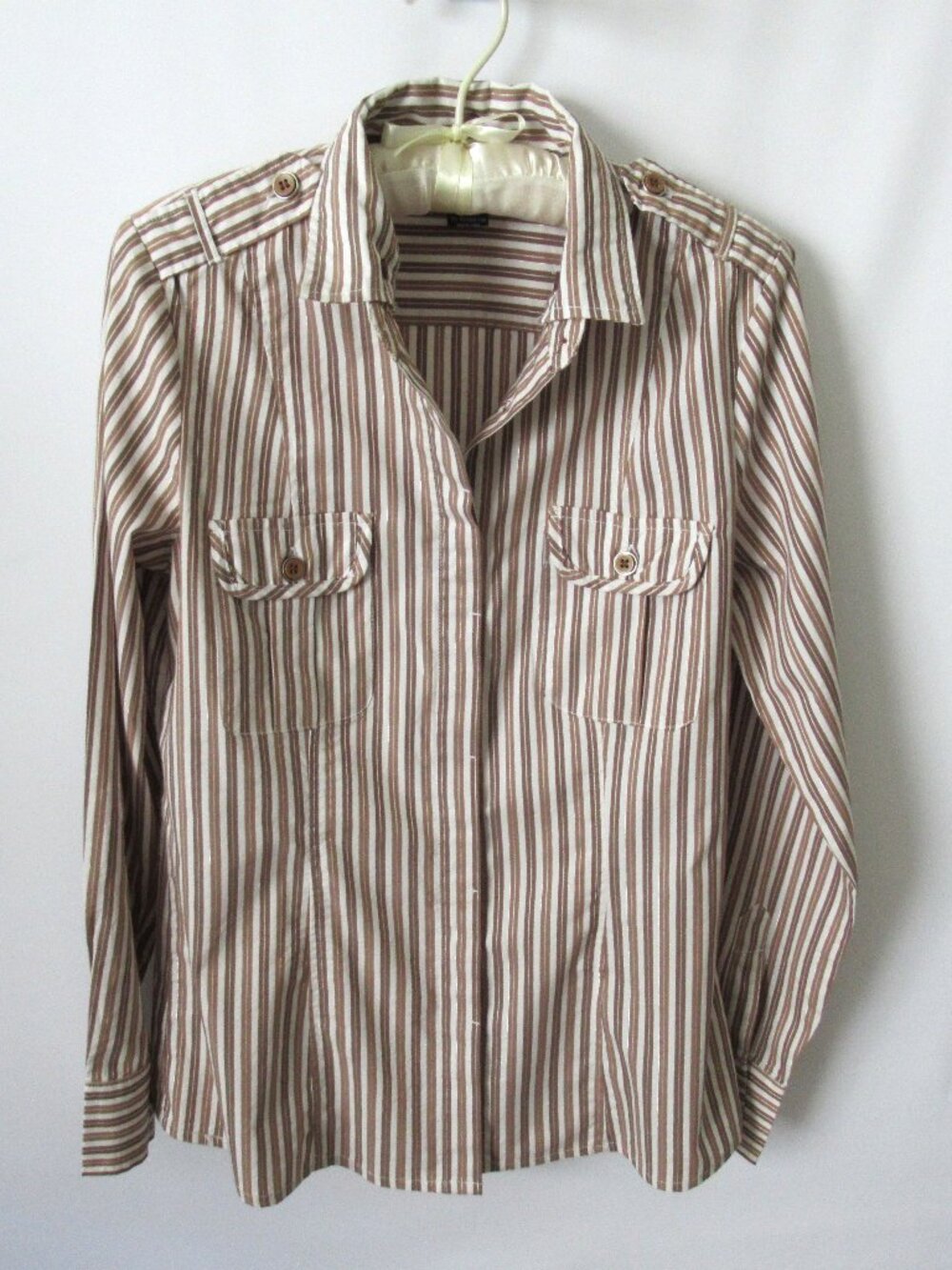 Antilia Femmer brown white striped button front long sleeve shirt *Sz L*